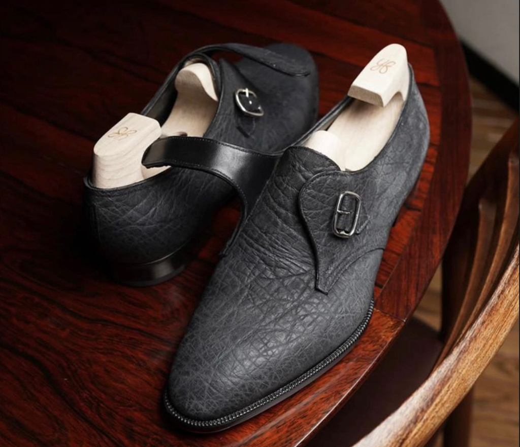 Moss Maison Men's Textured Leather Single Monk Strap Shoes Navy (ID#MM-TMS-NVY)
